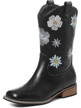 Girls Black Mid Calf Chunky Low Heel  Floral Embroidered Square Toe Boot Shoes